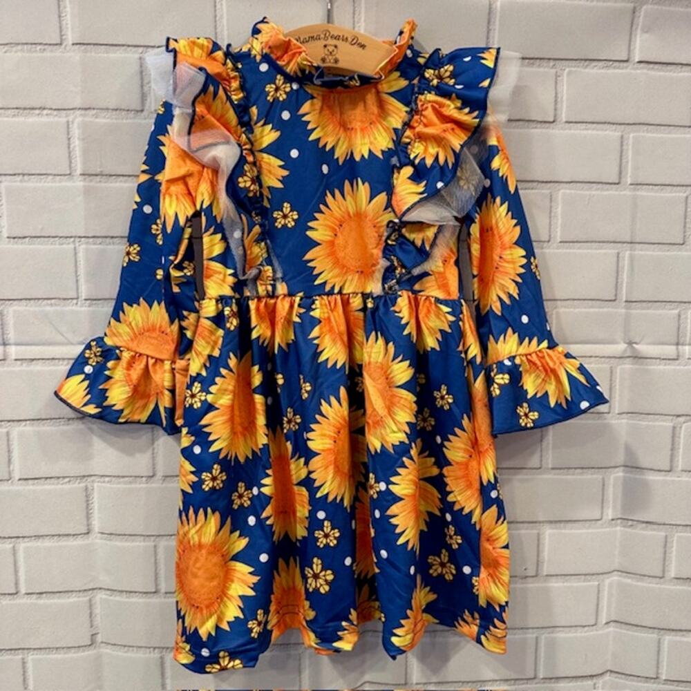 Boutique Toddler Girls 5T (XL) Okie & Lou Blue Yellow Sunflowers Dress